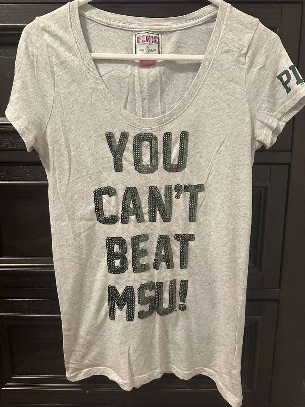 PINK Victorias Secret Light Grey 'You Can't Beat MSU!' Tee with Green Lettering